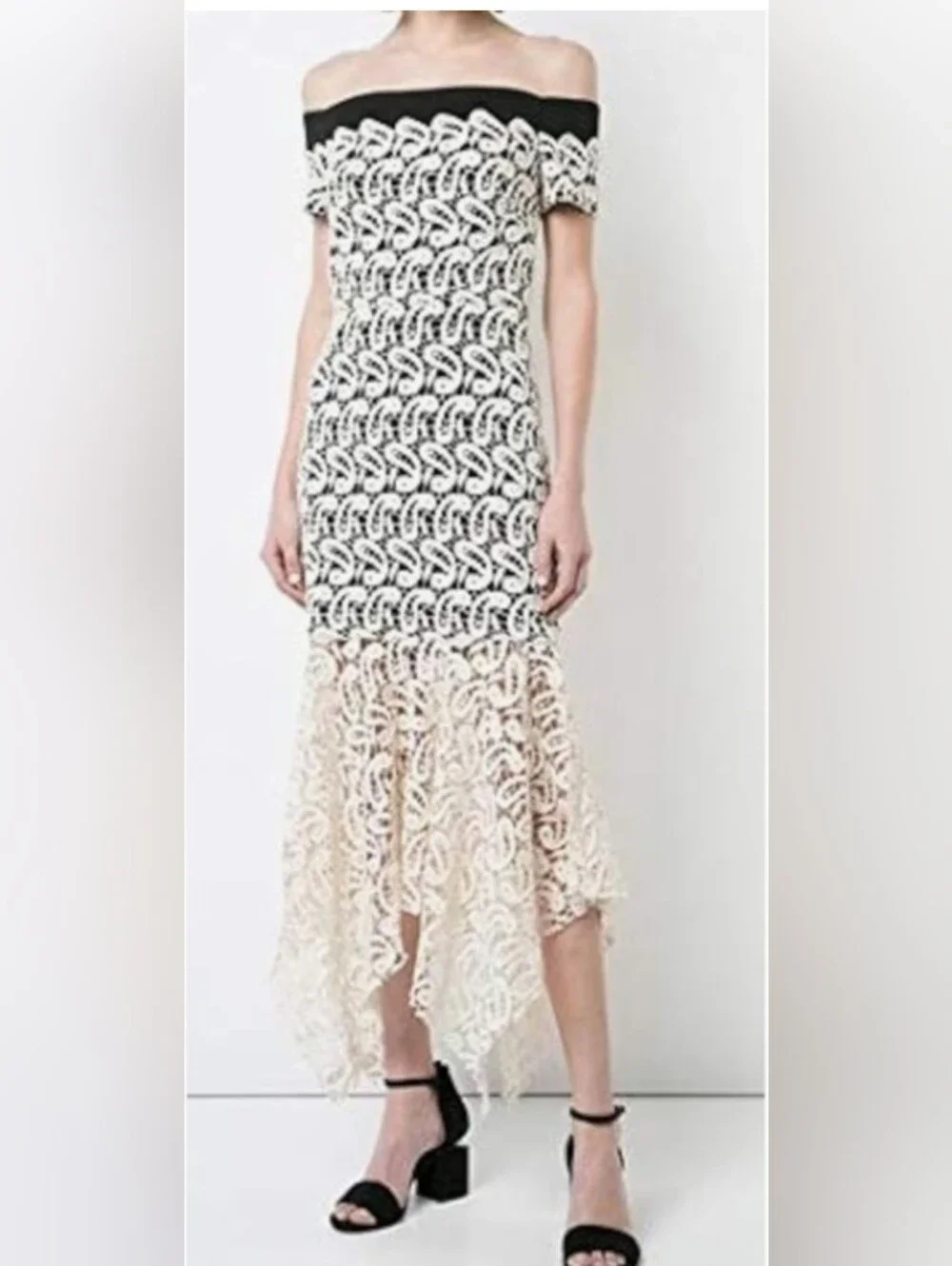 Nicole Miller Runway Off-Shoulder Black and Cream Lace Midi Dress $495 Retail
